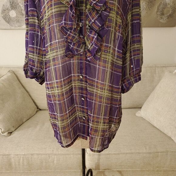 NEW! Apple Bottoms Plaid Chiffon Ruffle Blouse - size 3X in Purple - Picture 4 of 11